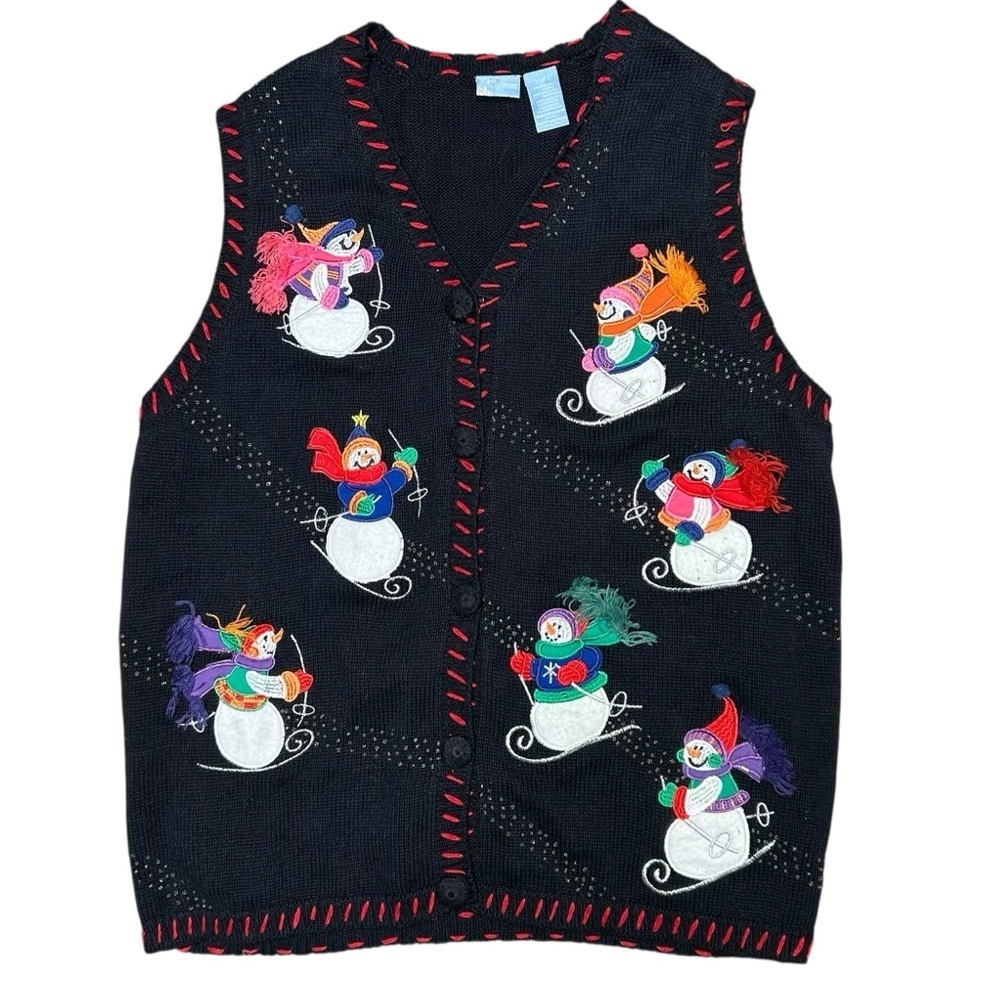 Holiday Editions Christmas sweater vest size 1x snowman skiing granny beaded